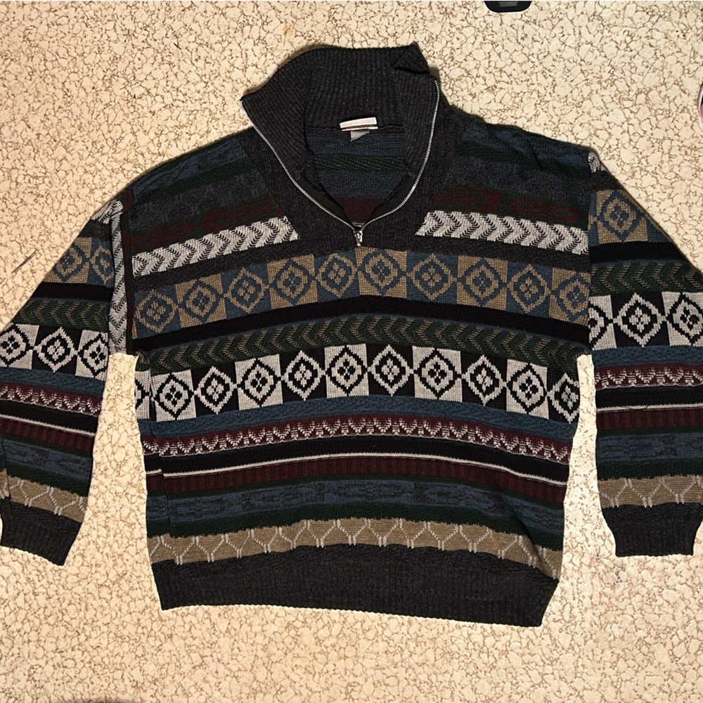 Men's Vintage 90’s Multicolor Patterned Pullover 3/4 Zip Sweater
